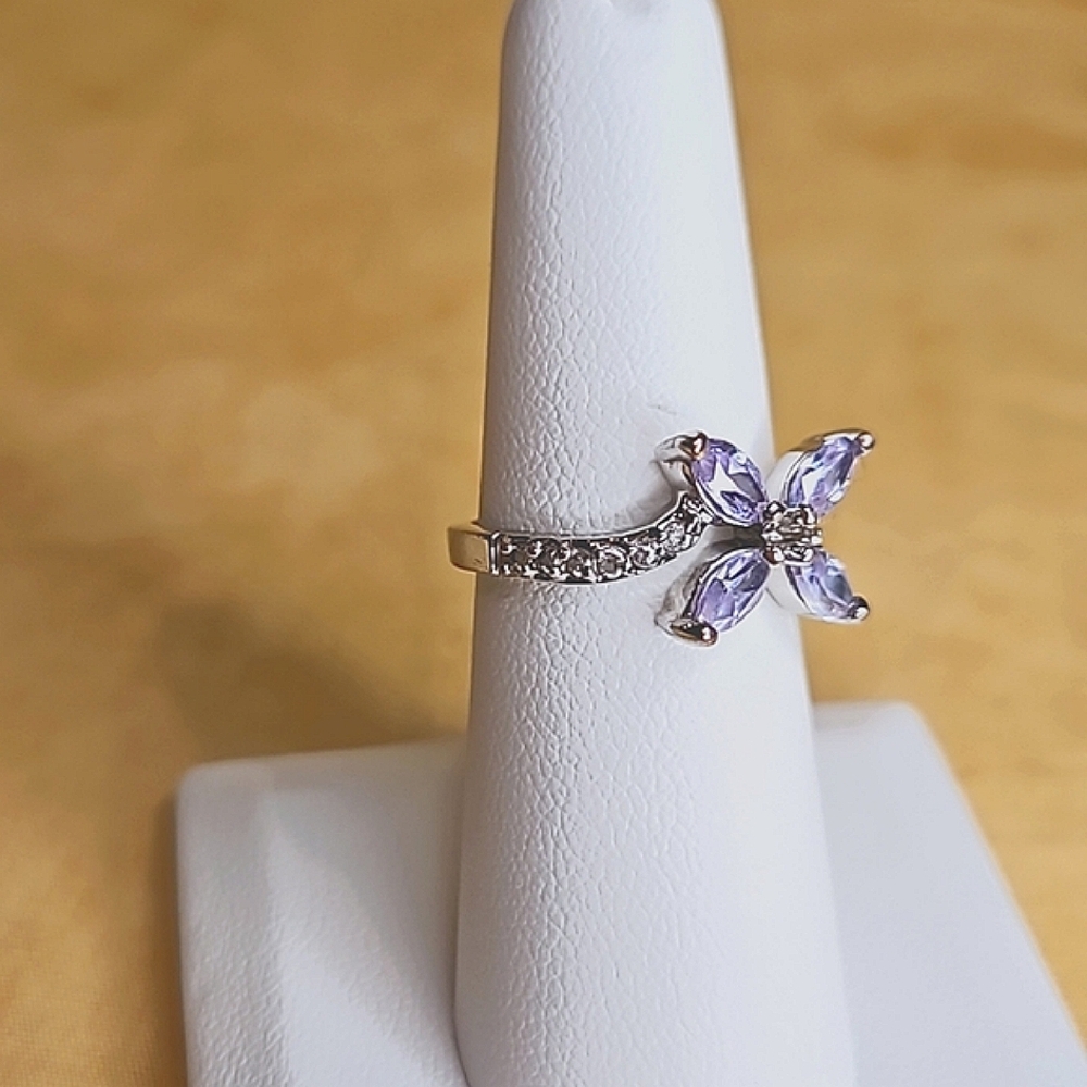 Silver Purple Butterfly Ring Marquise Lavender Rhinestone Bypass Band Size 7 - Picture 3 of 5